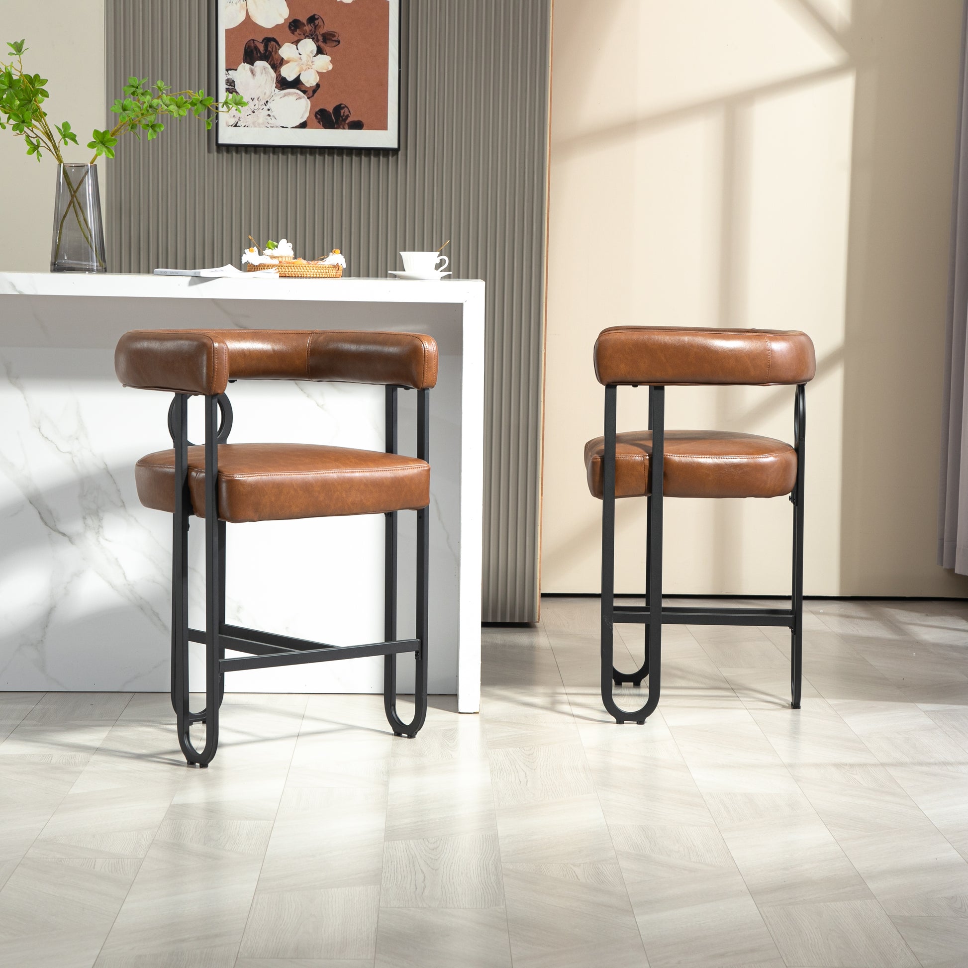 Coolmore Bar Stools Set Of 2, Modern Bar Stool With Back, Black Metal Frames, Upholstered Bar Stools For Kitchen Island, Pub, Club Light Brown Pu Light Brown Dining Room Foam Pu Leather