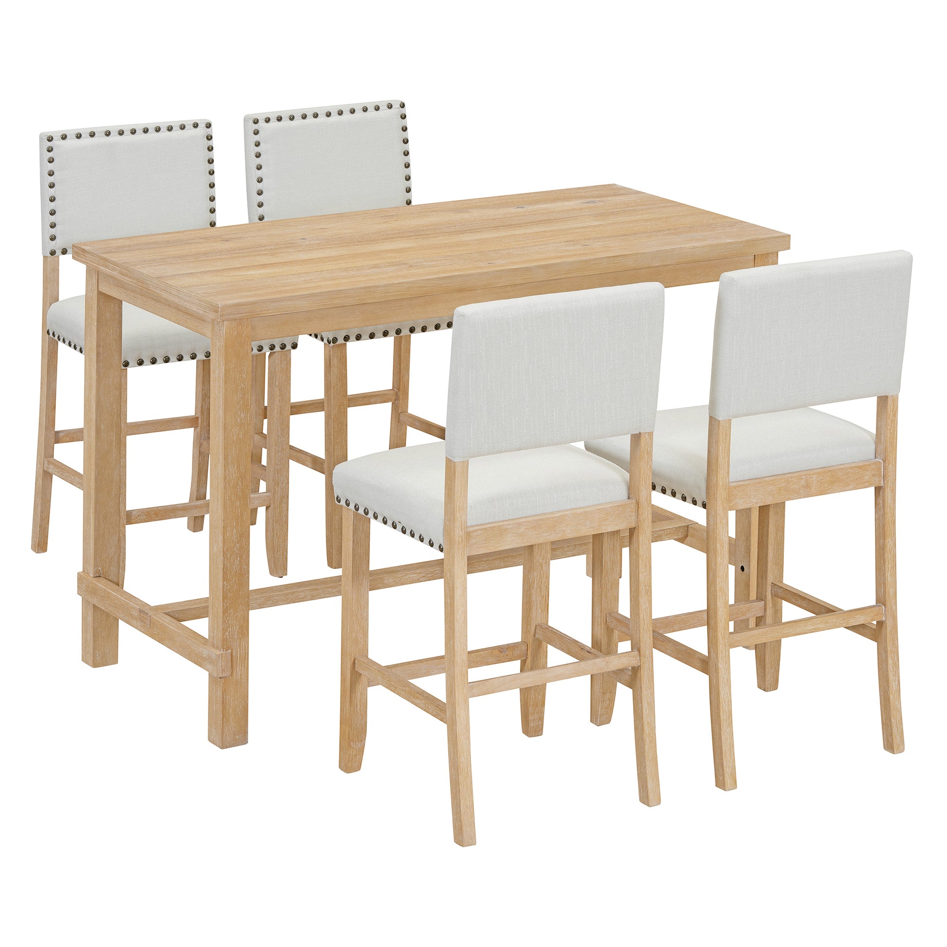 5 Piece Counter Height Dining Set, Classic Elegant Table And 4 Chairs In Natural Wood Wash Natural Wood Wash Solid Wood