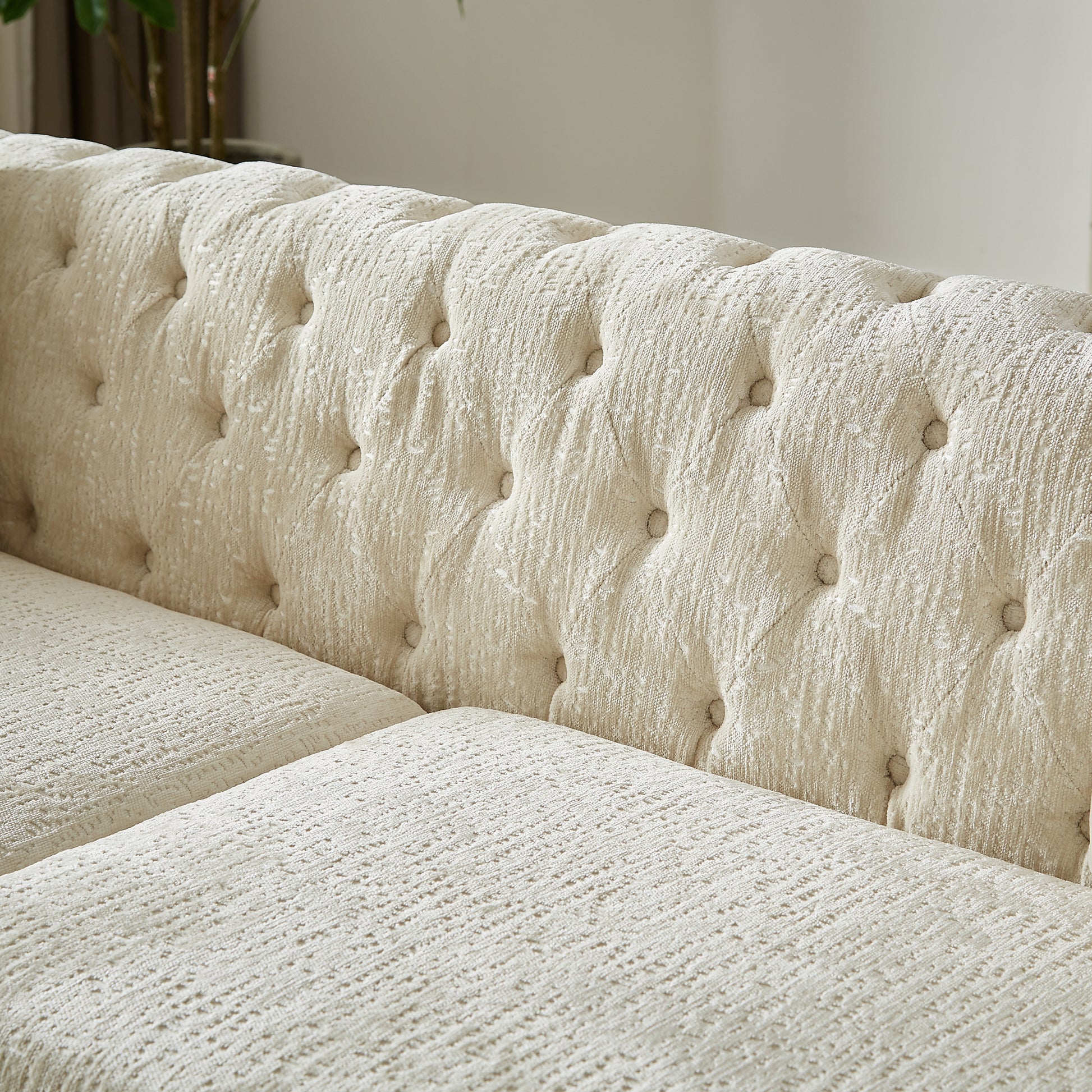 Chenille Pull Buckle Design Sofa For Living Room,Buttons Tufted With Copper Nail Decoration Armrest, Modern Couch Upholstered Button And Metal Legs Beige Foam Chenille 5 Seat