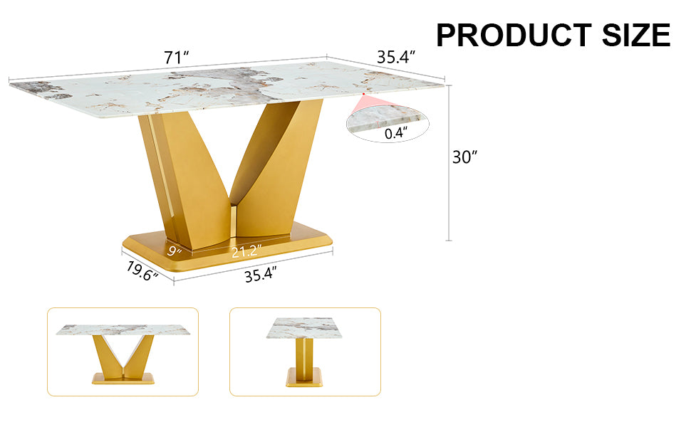 Modern Minimalist Rectangular Dining Table, 0.4 "Thick, Imitation Marble Patterned Glass Tabletop, Gold Mdf Legs. "71" * 35.4" *30" Gold Mdf Glass