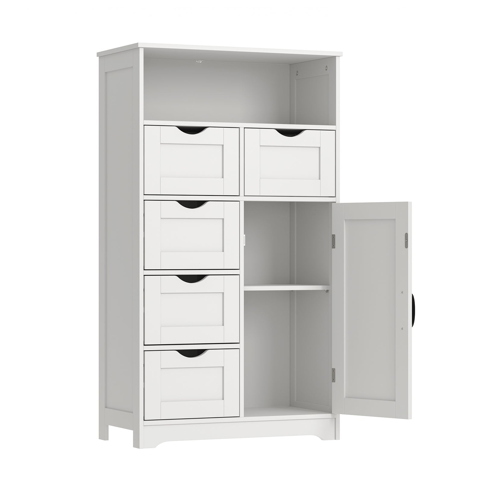 Modern White Wooden Storage Cabinet With Five Drawers And One Doors,Free Standing Cupboard For Kitchen Living Room Bathroom Use, White Ameican White Oak Rubber Wood