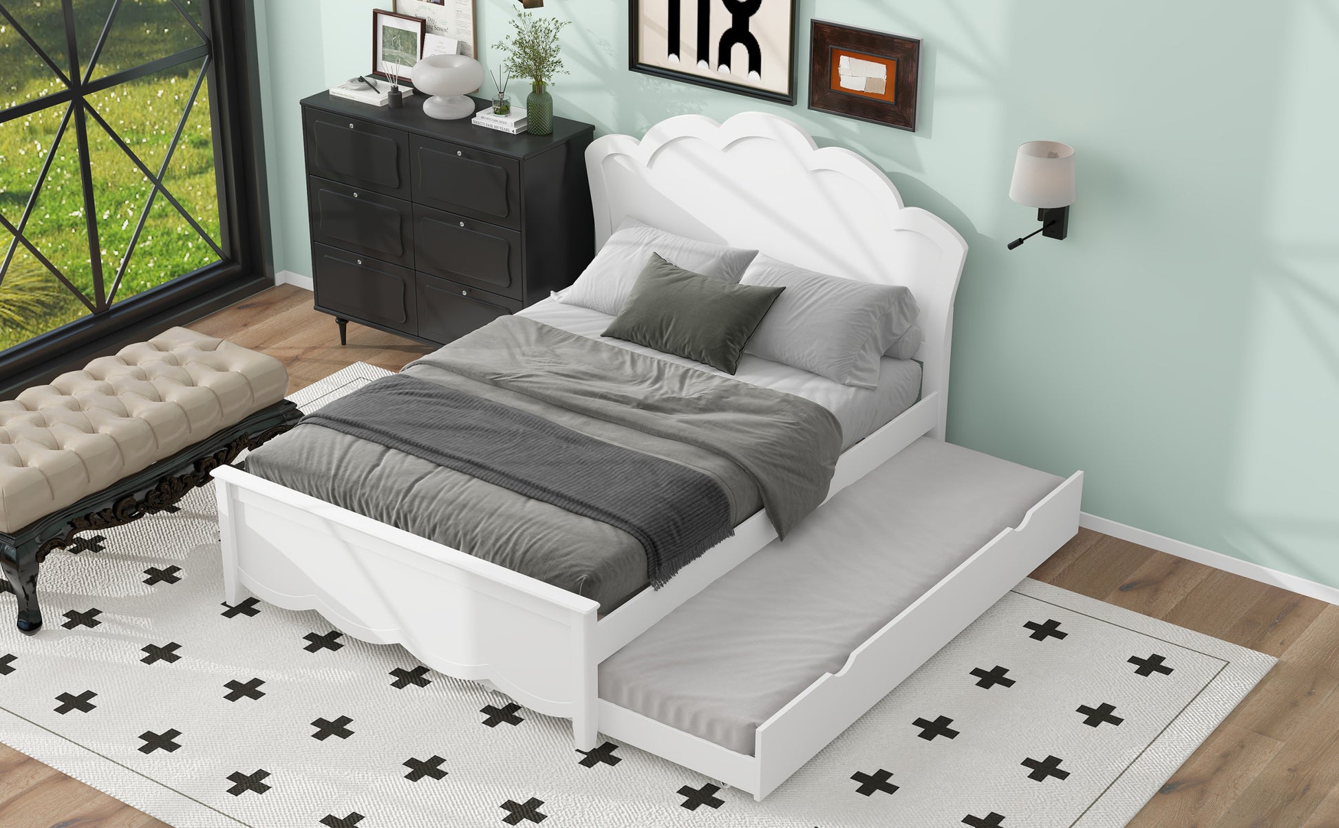 Full Size Wood Platform Bed With Headboard And Twin Size Trundle, White Box Spring Not Required Full White Wood Bed Frame Solid Wood Mdf