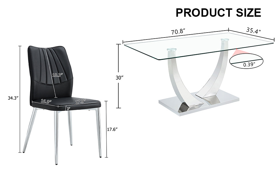 Table And Chair Set.Contemporary, Minimalist Rectangular Dining Table Featuring A Clear Tempered Glass Top And Sleek Silver Legs. Paried With Chairs Made Of Pu Material Cushion And Silver Metal Legs. Black Seats 6 Glass Metal