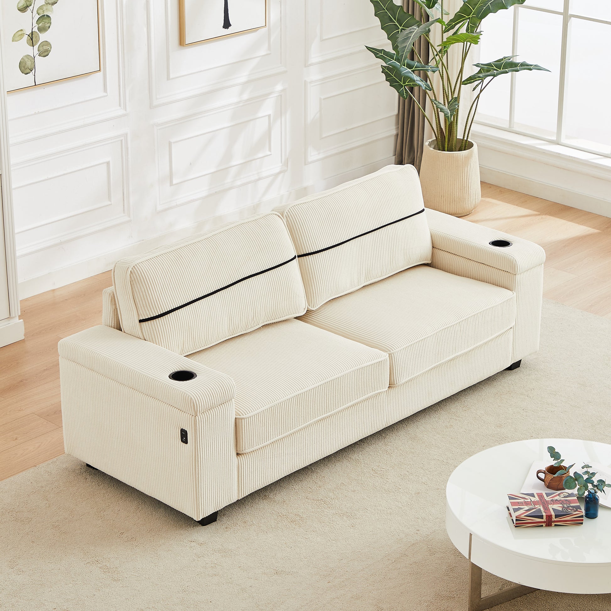 86.5 Inch Sofa Couch Deep Seat Sofa With Two Storage Spaces, T Pyce Charging Portsusb Charging Ports & 2 Cup ,Corduroy 3 Seater Couch, Modern Sofas For Living Room Beige Foam Corduroy 3 Seat