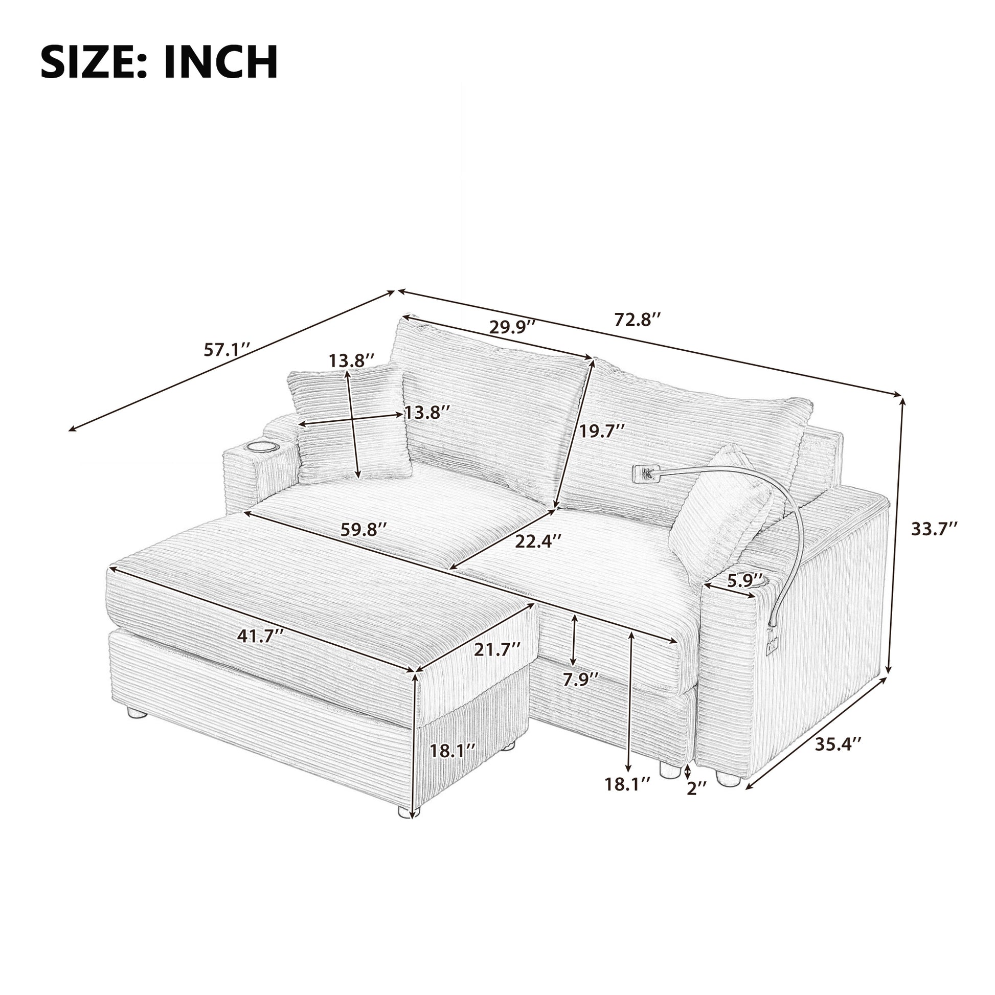 72.8" Modern Style Loveseat Sofa Sectional Sofa Couch With Storage Space, A Movable Ottoman, Two Usb Ports, Two Cup Holders, A Phone Holder For Living Room, Gray Gray Foam Corduroy 3 Seat