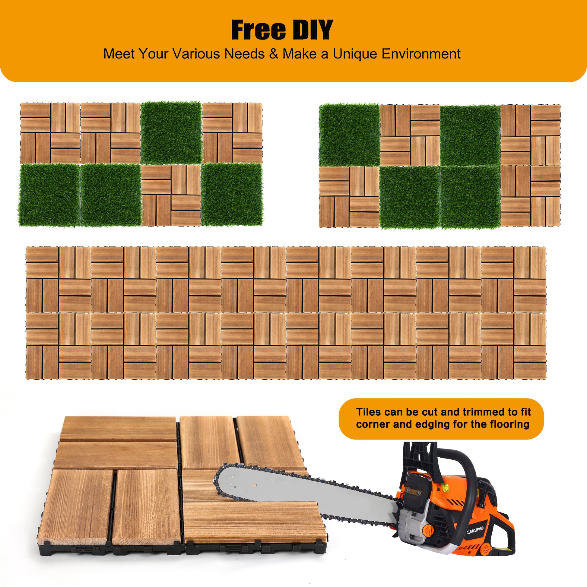 36Pcs Diy Wood Plastic Carbonized Floor, 8Pcs Simulated Lawn, Waterproof And Sunscreen, Transform Your Outdoor Space Wood Wood Plastic