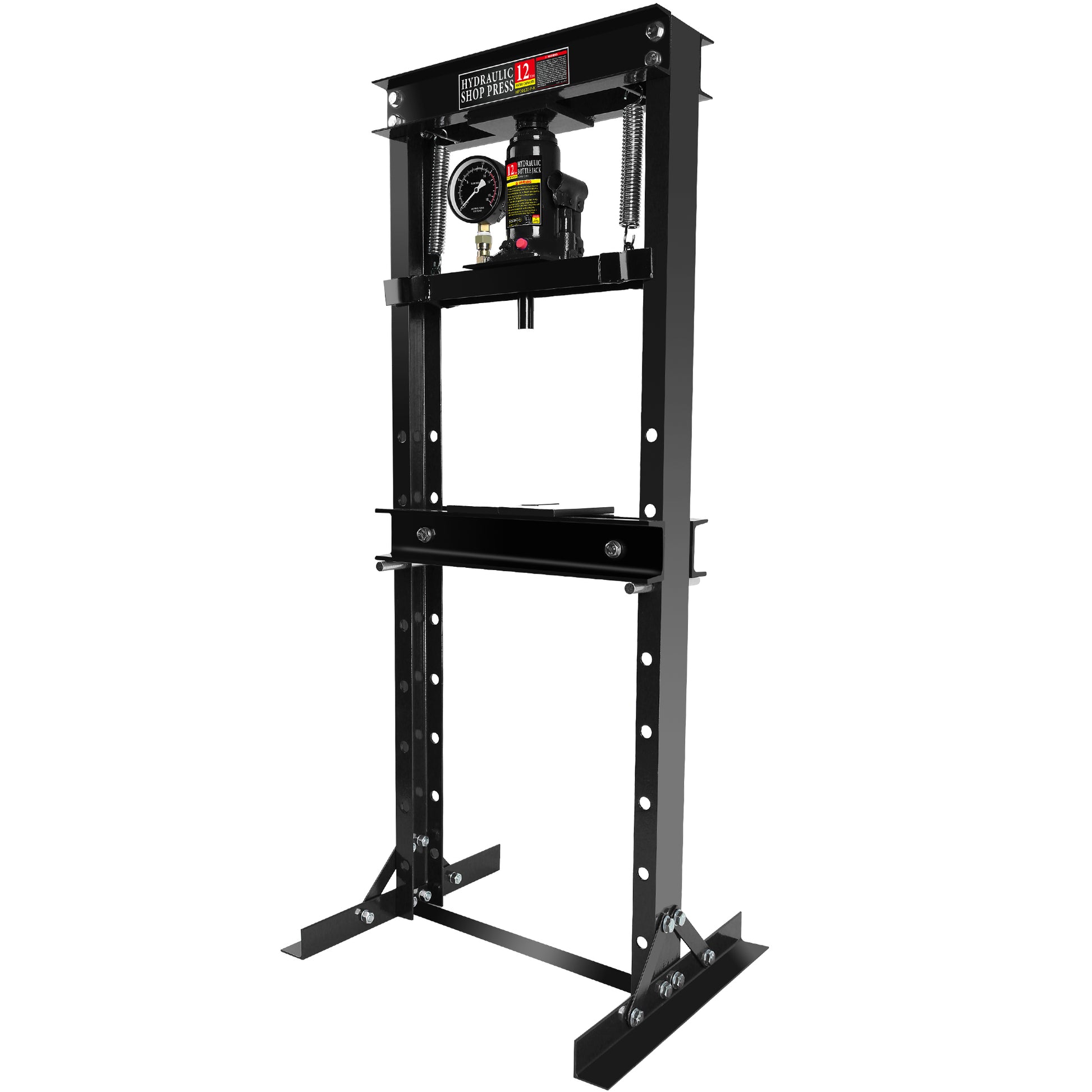 Steel H Frame Hydraulic Garage Shop Floor Press With Stamping Plates, With A Pressure Gauge,12 Ton 24,000 Lb Capacity, Black Black Steel