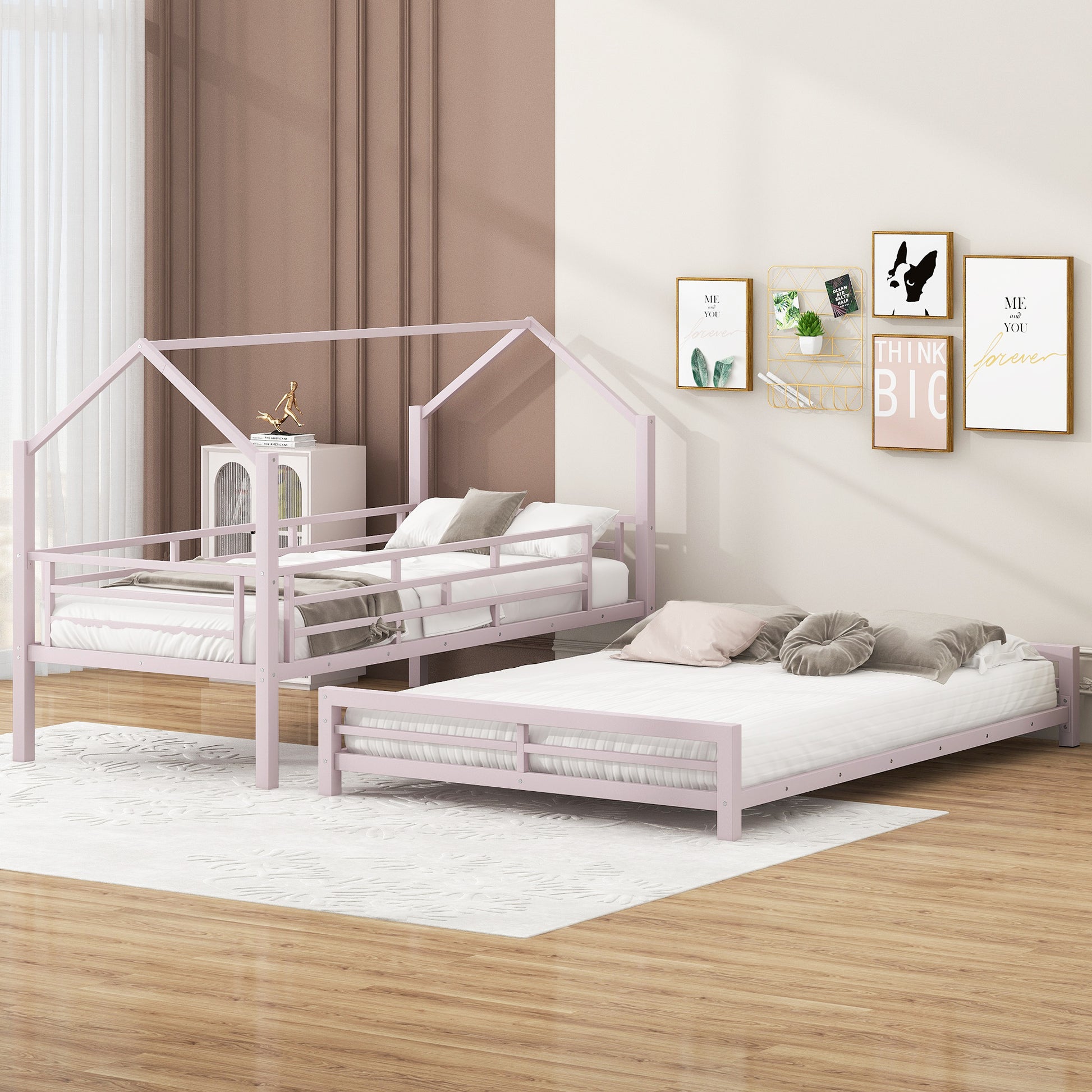 Metal House Bunk Bed, Twin Over Full, Pink Full Pink Metal