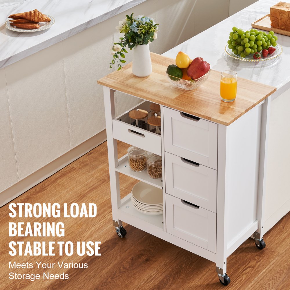 Rolling Portable Small Kitchen Island Cart On Wheels With Solid Wood Top, Dining Room Serving Utility Carts Mobile Movable With 3 Drawers And Storage Shelves Cabinet, White White White Dining Room American Design Rectangular Kitchen Island Sets Mdf Small