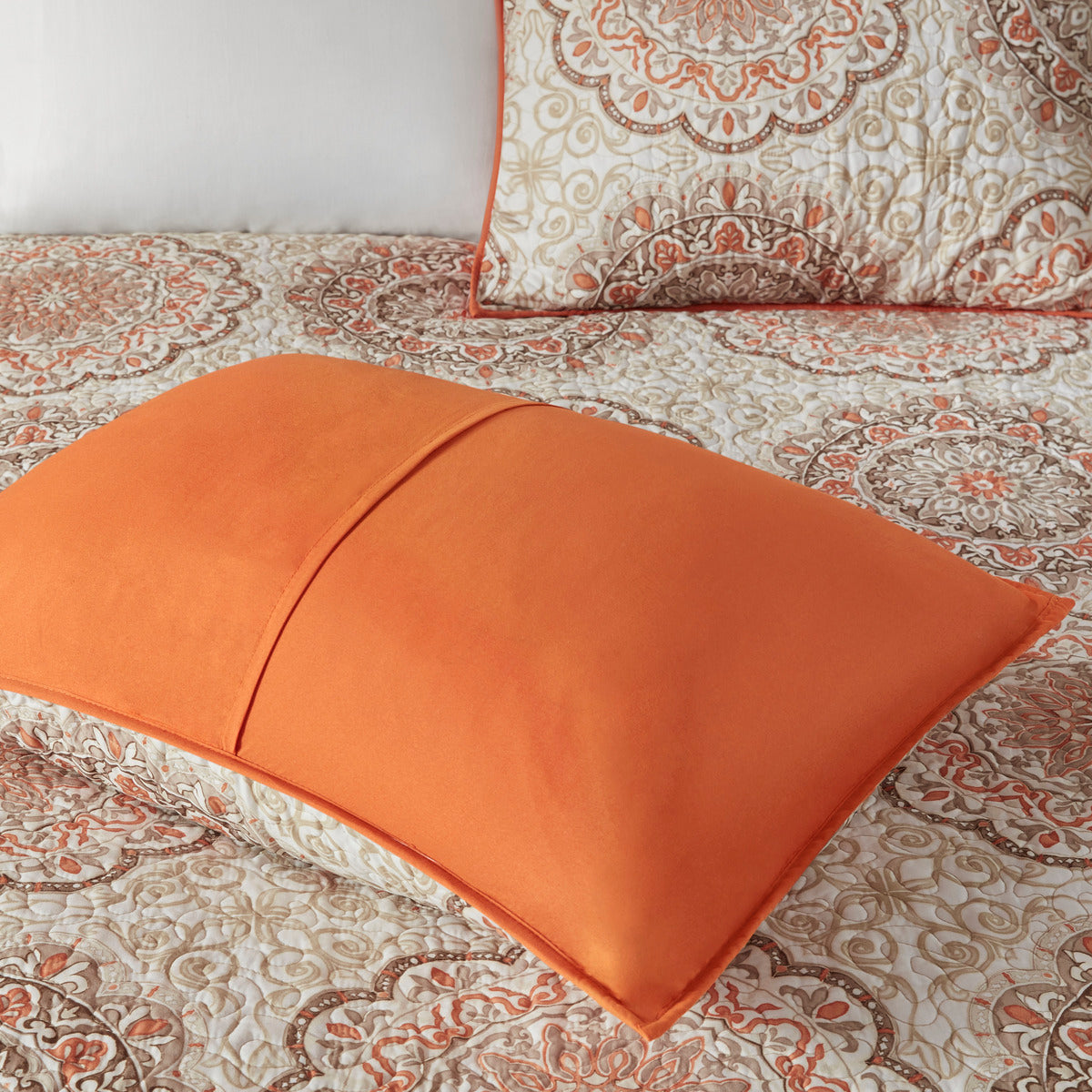 6 Piece Reversible Quilt Set With Throw Pillows Orange Full Queen Orange Cotton