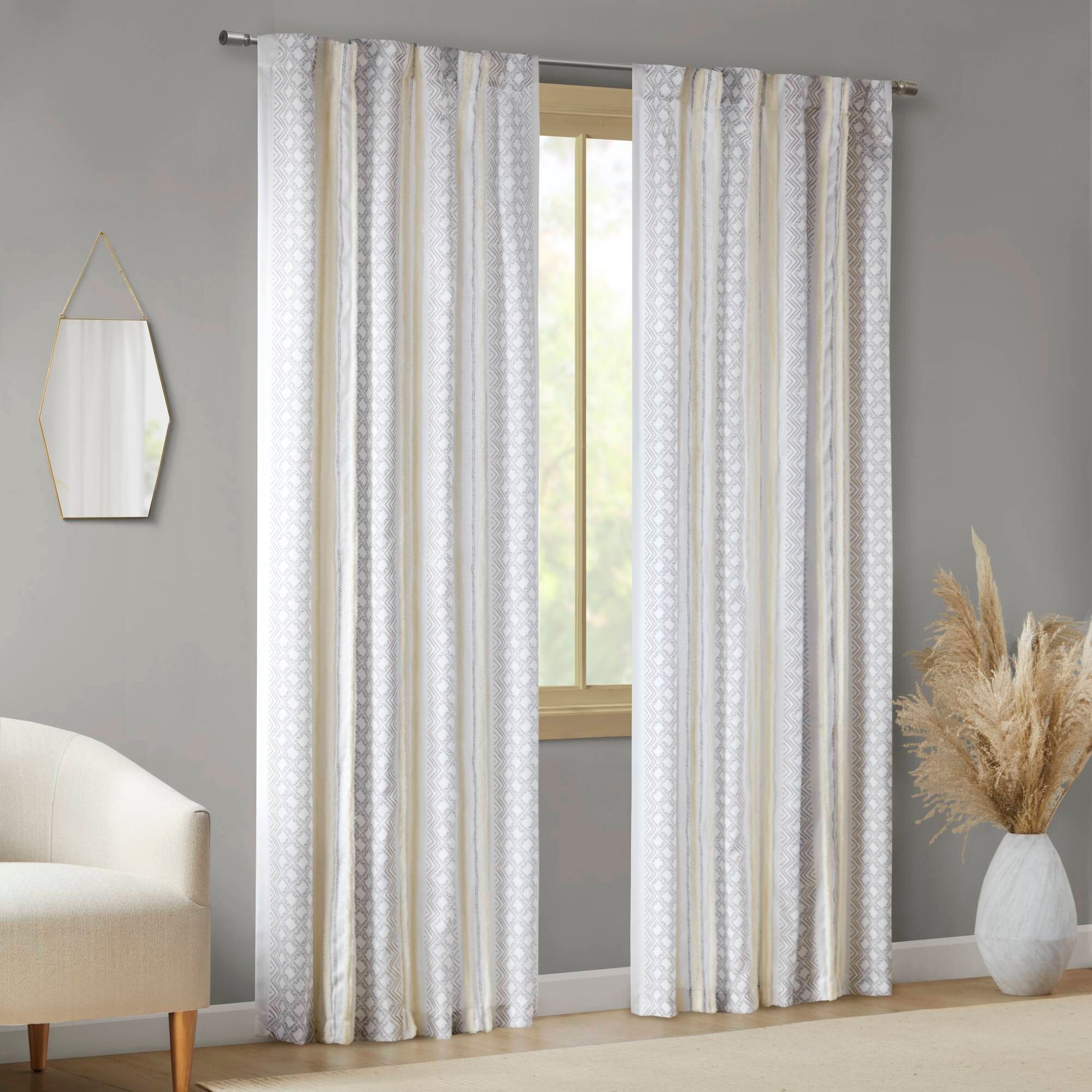 2Pk Poly Printed Curtain Panel With Tufted Stripe White Taupe 2 Pk 50X84" Multicolor Polyester