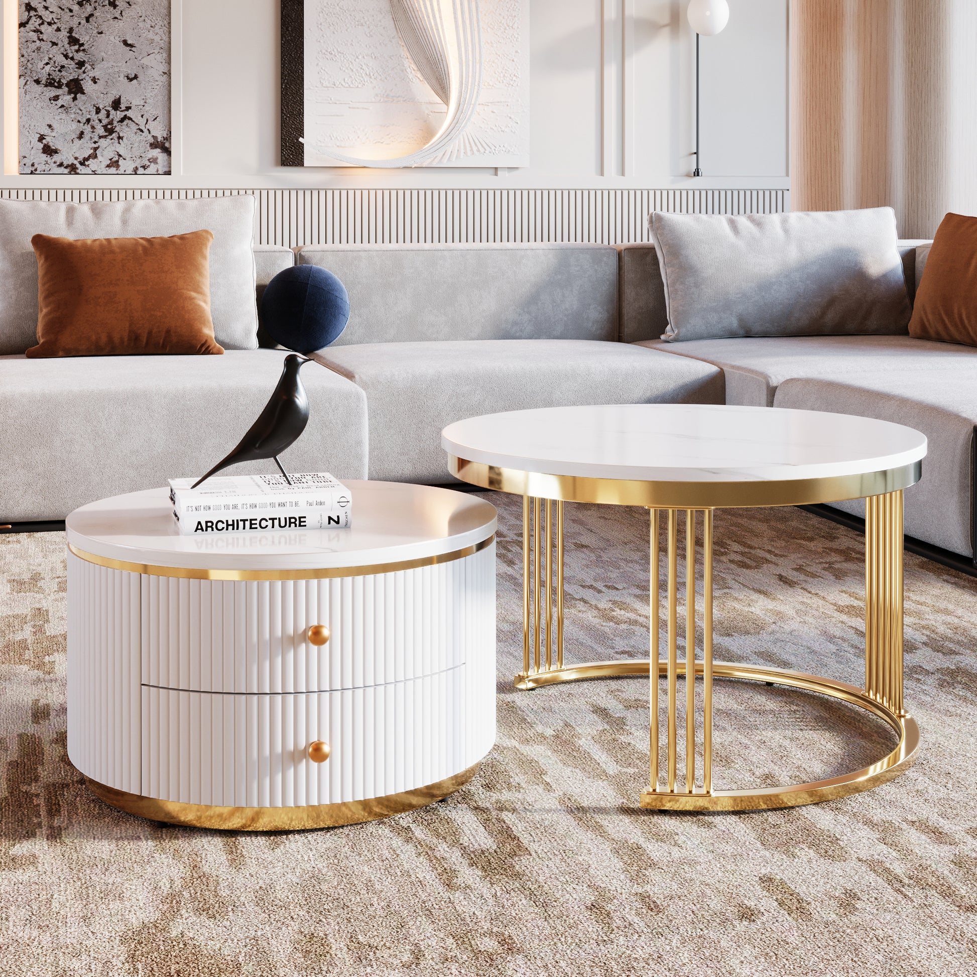 Modern 2 Pieces White Round Nesting Coffee Table With Drawers In 27.6'' Gold White Drawers Coffee & End Tables Glossy Round Metal Mdf Pedestal