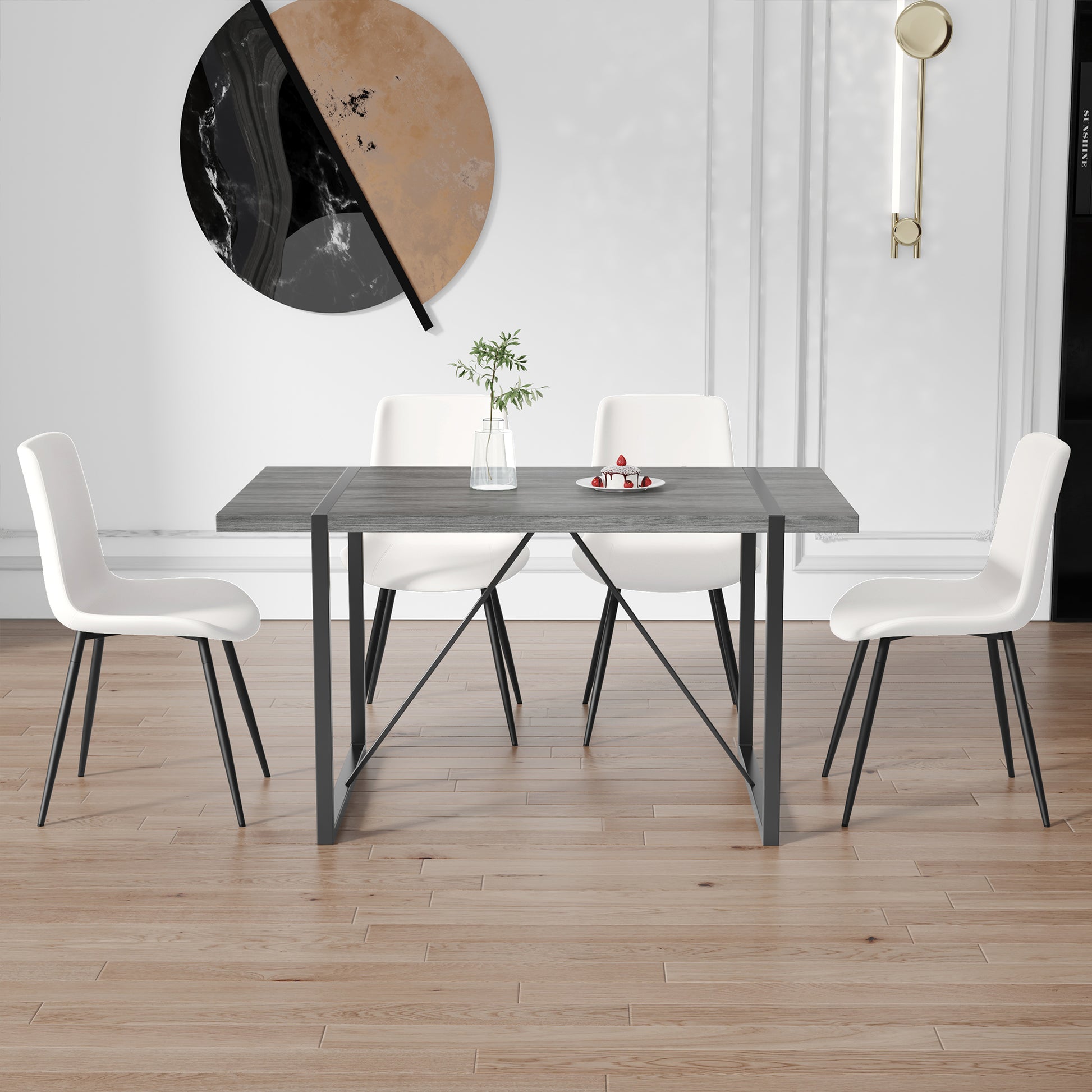 Table And Chair Set, Textured Top In Vintage Retro Grey Wood Grain Desktop, Black Metal Legs. Dining Chair With White Faux Leather Backrest Cushion With Black Metal Legs. Gray,Wood Seats 4 Mdf Metal