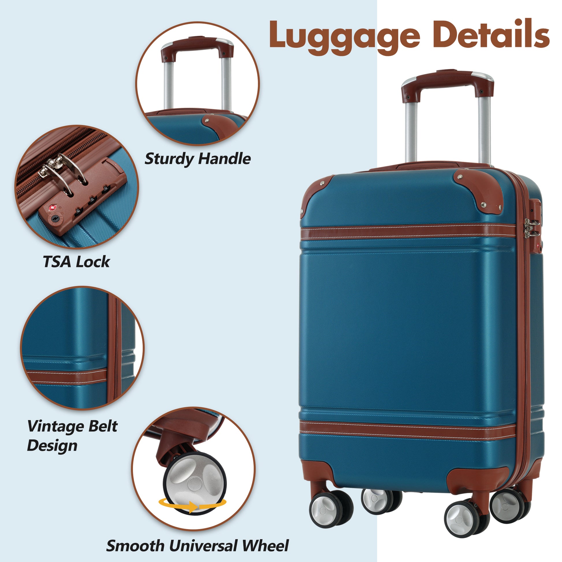 Hardshell Luggage Sets With Bags Carry On Suitcase Double Spinner Wheels With Tsa Lock ,Single Vintage Luggage 20 In,Blue Blue Abs