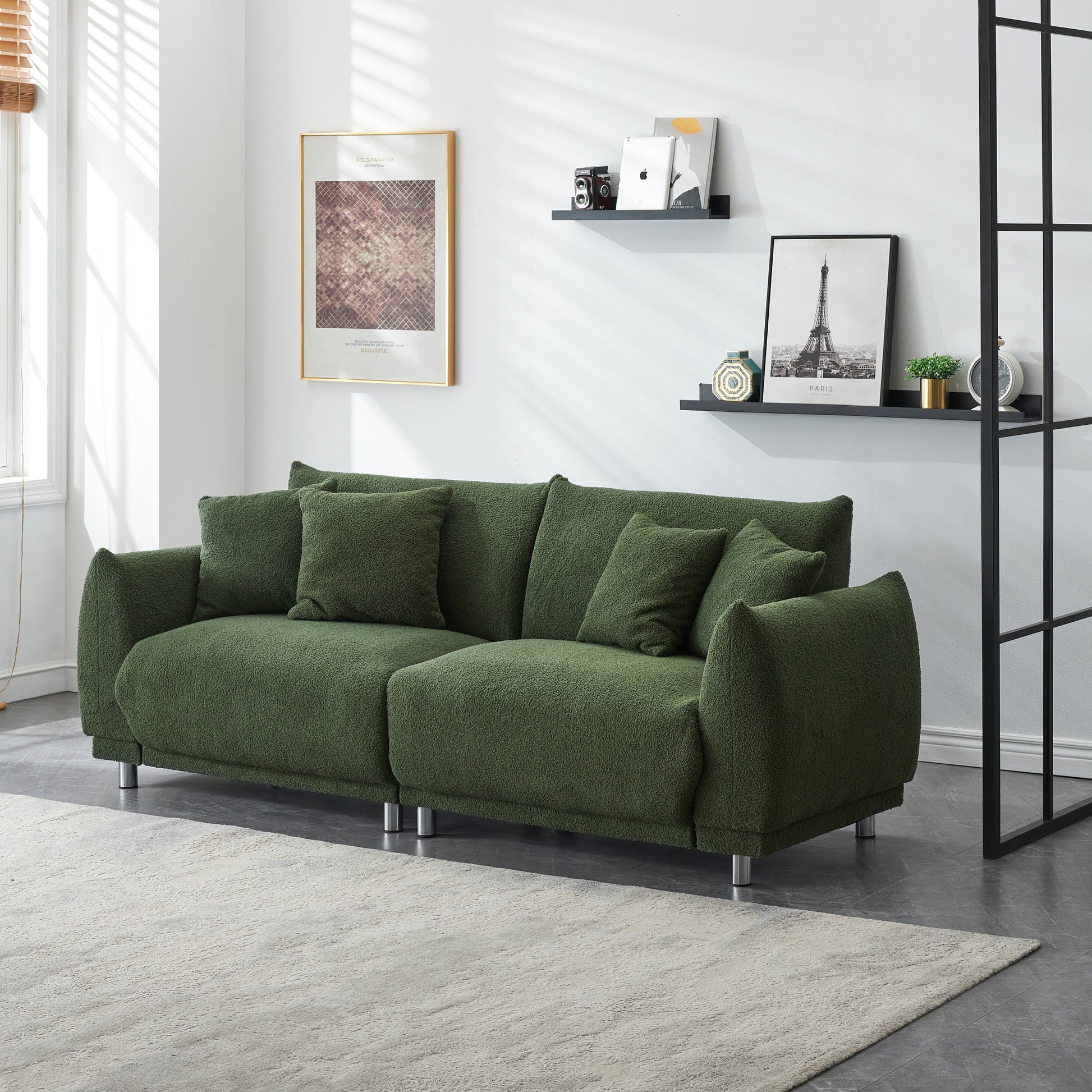 An 86.6 Inch Teddy Wool Black Sofa With Four Throw Pillows And Hardware Feet Makes It Comfortable To Sit In An Apartment Bedroom Without Taking Up Space Green Fabric 2 Seat