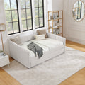 Full Size Daybed With Trundle Upholstered Sofa Bed, With Vertical Stripes, Linen Fabric, Beige 82.5