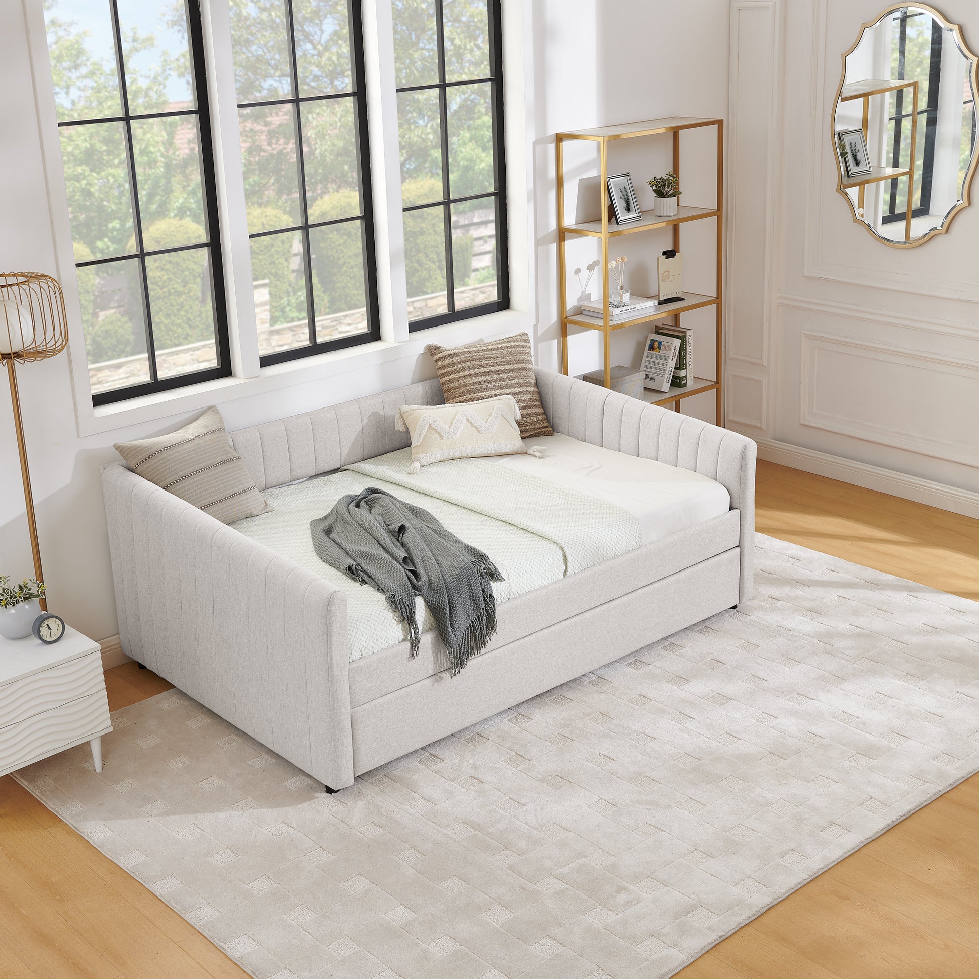 Full Size Daybed With Trundle Upholstered Sofa Bed, With Vertical Stripes, Linen Fabric, Beige 82.5"X58"X30" Beige Linen