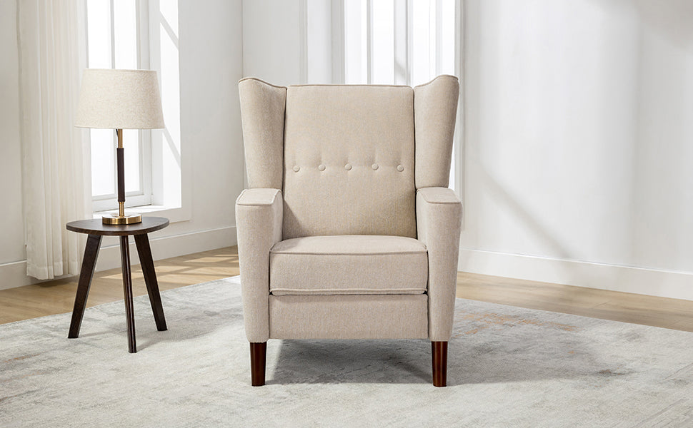 Mid Century Chenille Wingback Recliner Chair, Button Tufted Design Pushback Recliner Chair With Armrest And Solid Wood Legs, For Bedroom Living Room, Tan Tan Chenille