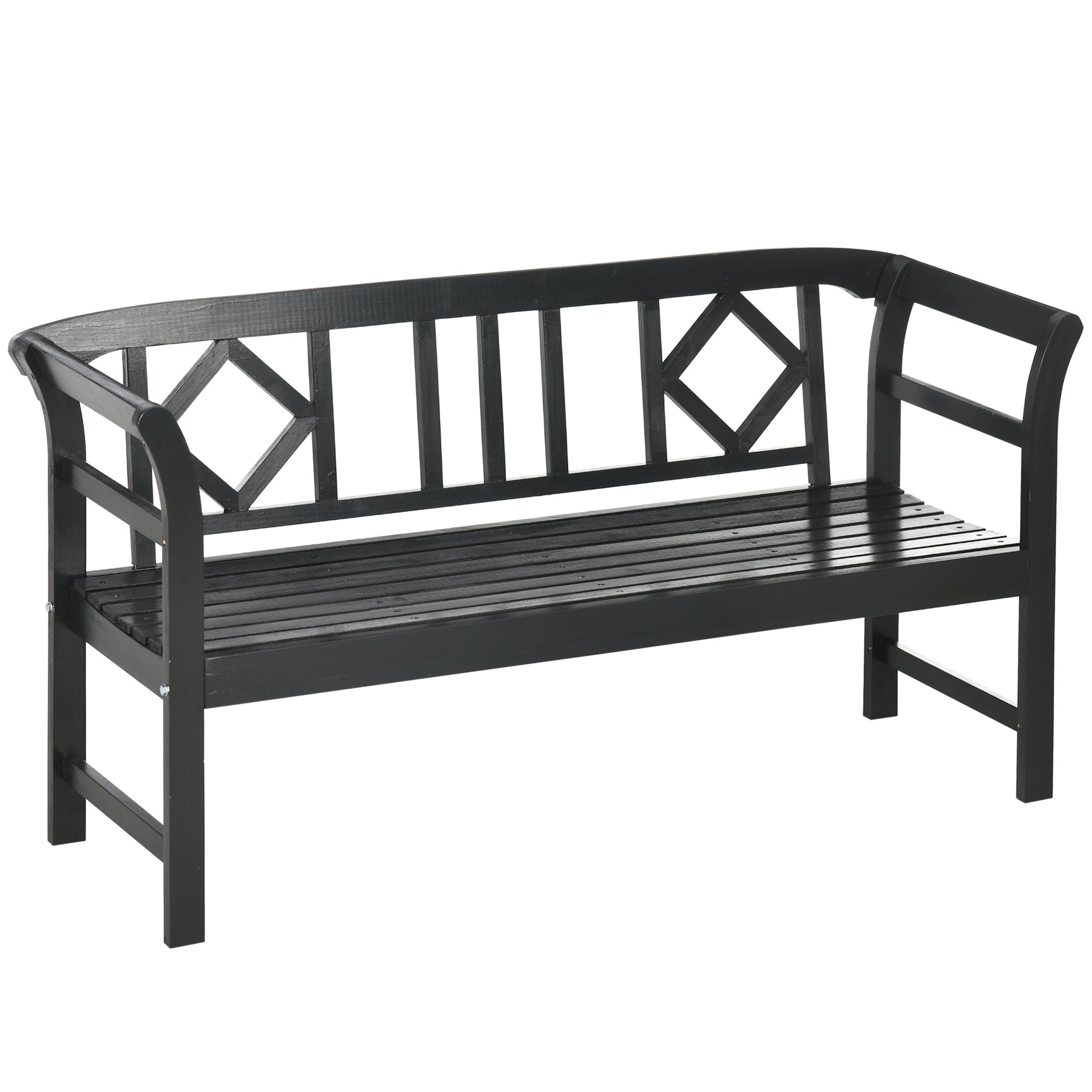 Outsunny Wooden Patio Bench, Outdoor Garden Bench With Backrest And Armrests, 3 Person Porch Bench With Rustic Country Diamond Pattern, Black Black Wood