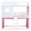 Twin Size Bunk Wood House Bed With Tent, Pink White Twin Pink White Solid Wood Mdf