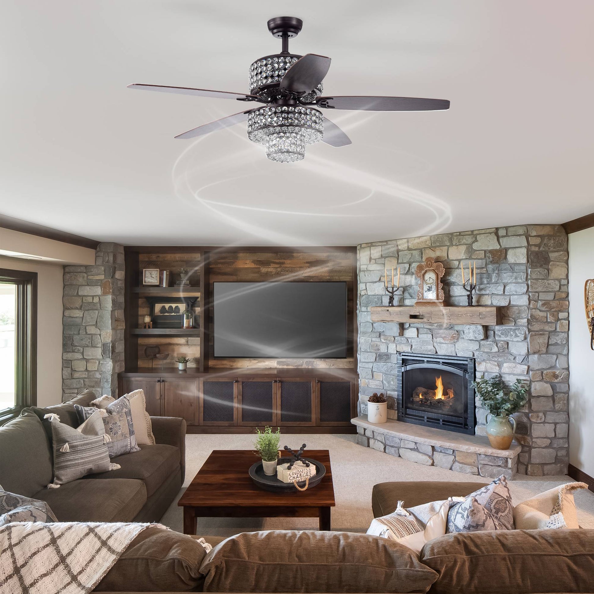 52 In Farmhouse Dual Crystal Shade 5 Blade Reversible Ceiling Fan With Light Kit And Remote 3 Speed High, Mid, Low No Include Bulb Matte Black American Design,American Traditional,Antique,Farmhouse,Industrial Plywood Metal