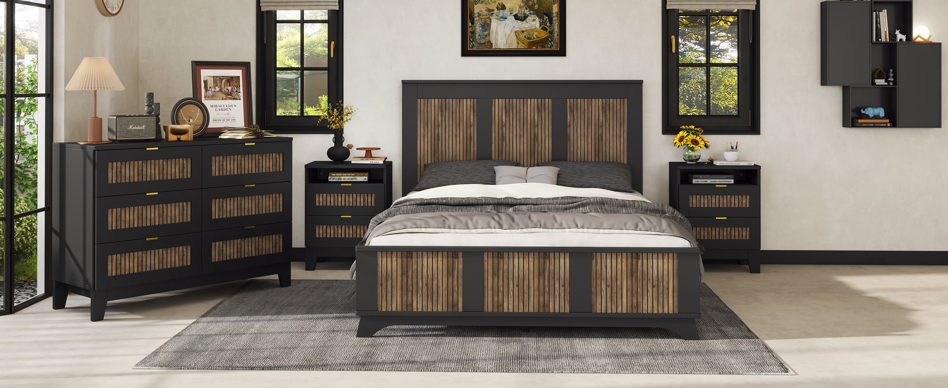 4 Pieces Bedroom Sets, Queen Size Farmhouse Platform Bed With Wooden Strip Decoration, Storage Nightstand And Dresser With Metal Handle, Black Queen Black 4 Piece Set Particle Board