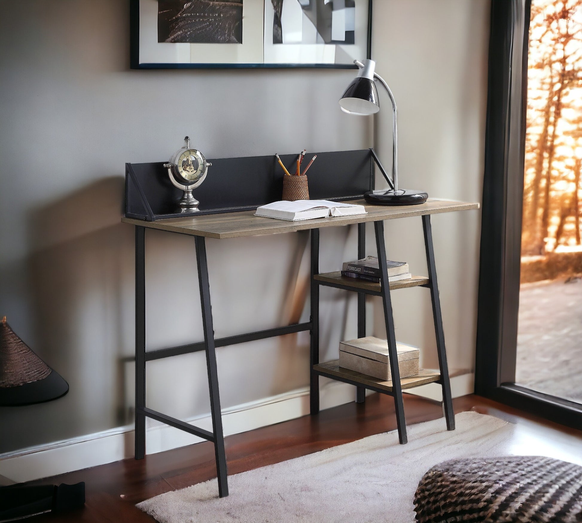 Garima Writing Desk, Rustic Oak & Black Finish Of00321 Black Mdf Metal