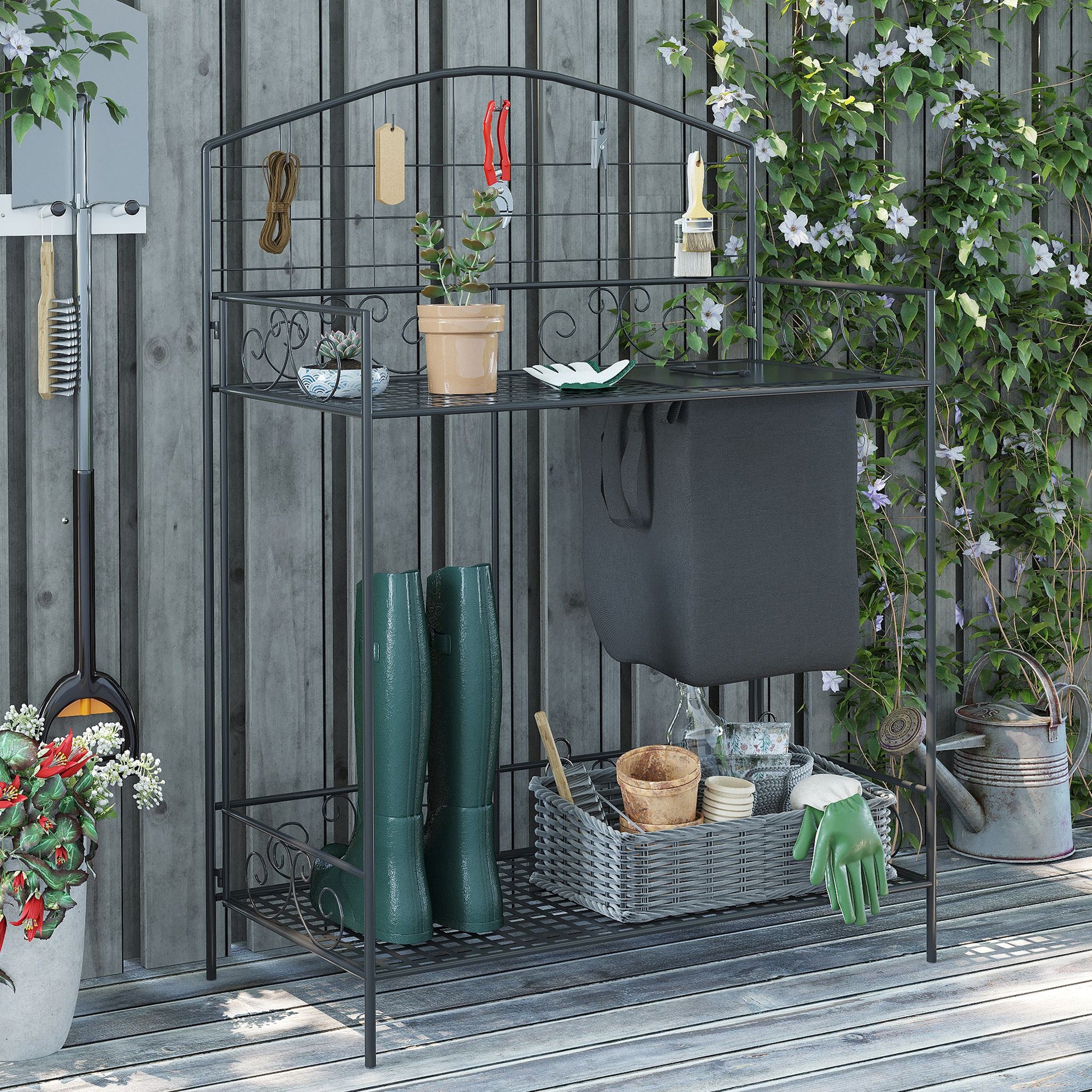 work bench for potting plants Outsunny Folding Potting Bench Table, Metal Garden Workstation, Work Bench With Large Build In Bag With Cover, 5 Hanging Hooks & Storage Shelf,