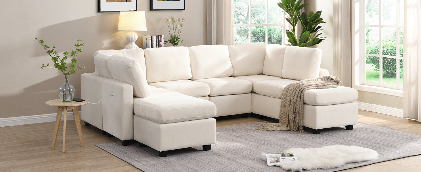 103" Sectional Sofa Couch Sofa Bed U Shaped Sofa With Two Movable Ottoman And Three Usb Ports For Living Room, Beige Beige Foam Chenille 6 Seat