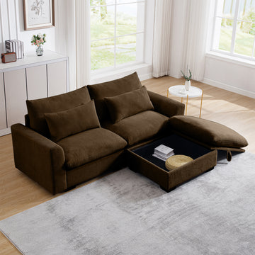 Sectional Sofa Comfy Corduroy Couch For Living Room With Pillows And Round Armrests, Modern Corduroy Sofa Sleeper Deep Couches With Storage Ottoman Brown, 2 Seat Brown Corduroy 2 Seat
