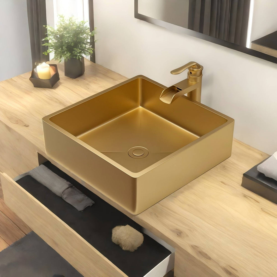 15"X15" Gold Stainless Steel Bathroom Sink With Pop Up Drain Gold Stainless Steel