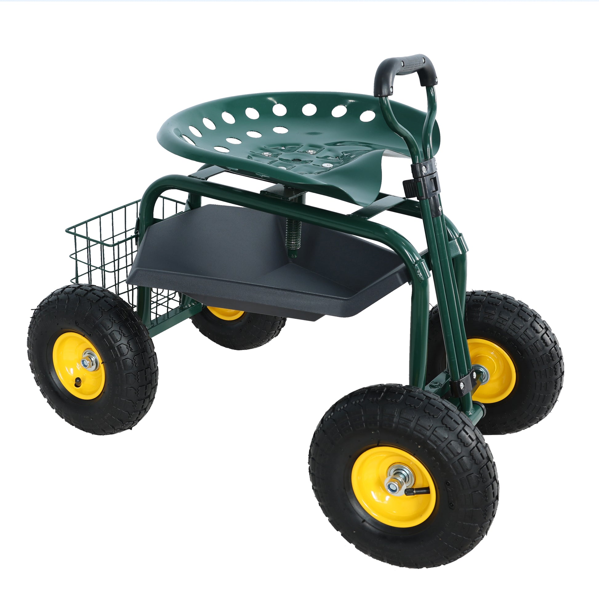 Garden Trolley Rolling Work Chair With Wheels, Garden Stool For Planting, 360 Degree Swivel Seat, Station Wagon Scooter With Steering Handle And Utility Tray, For Yard And Outdoors, Green Green Garden & Outdoor Iron