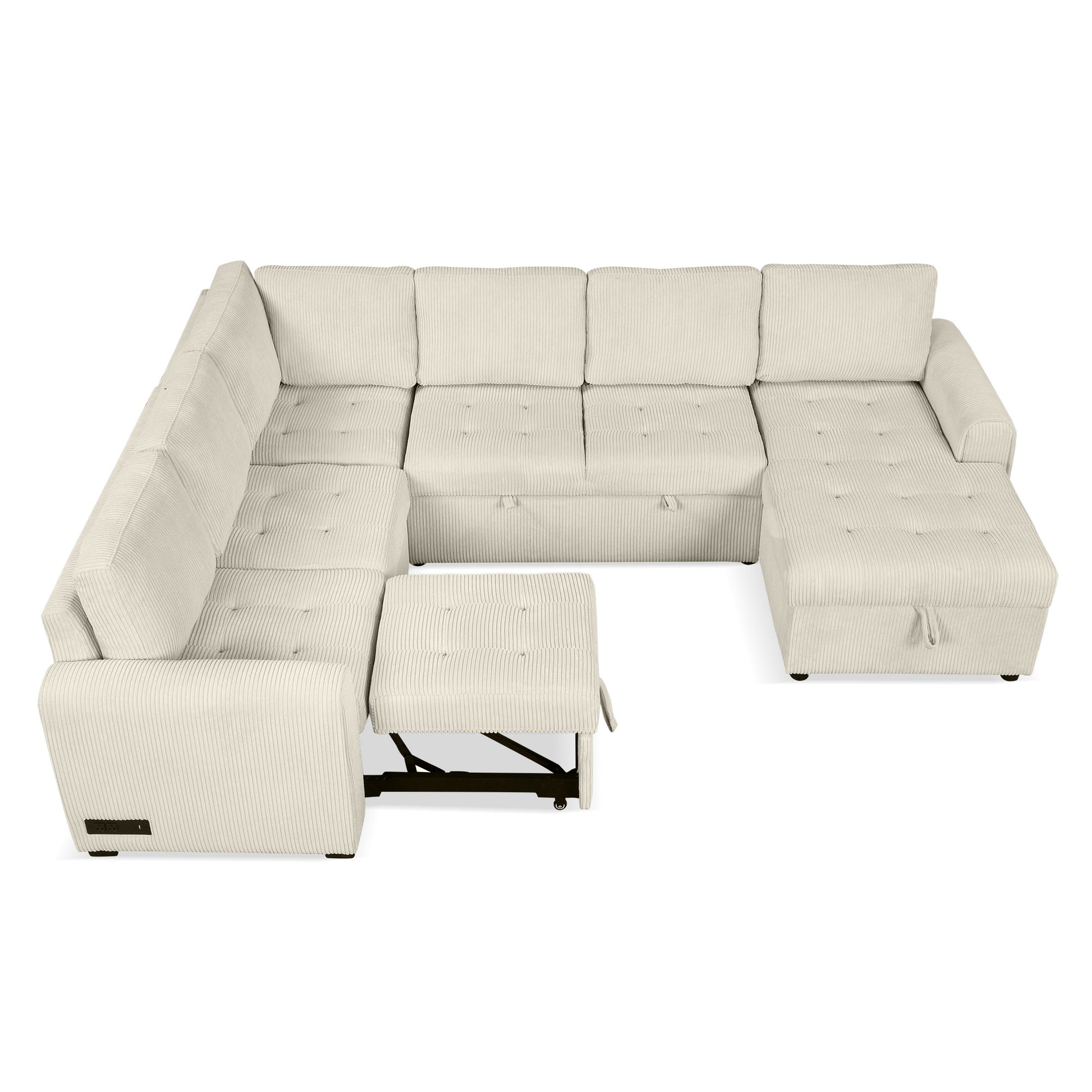 107.5" U Shaped Sofa Sectional Sofa Pull Out Sofa Bed With A Storage Chaise Lounge, Charging Devices For Living Room, Beige Beige Foam Corduroy 5 Seat