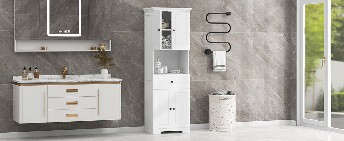 Tall Bathroom Cabinet With Four Doors, Large Storage Space Open Shelve, Upper Storage Cabinet, White White Mdf