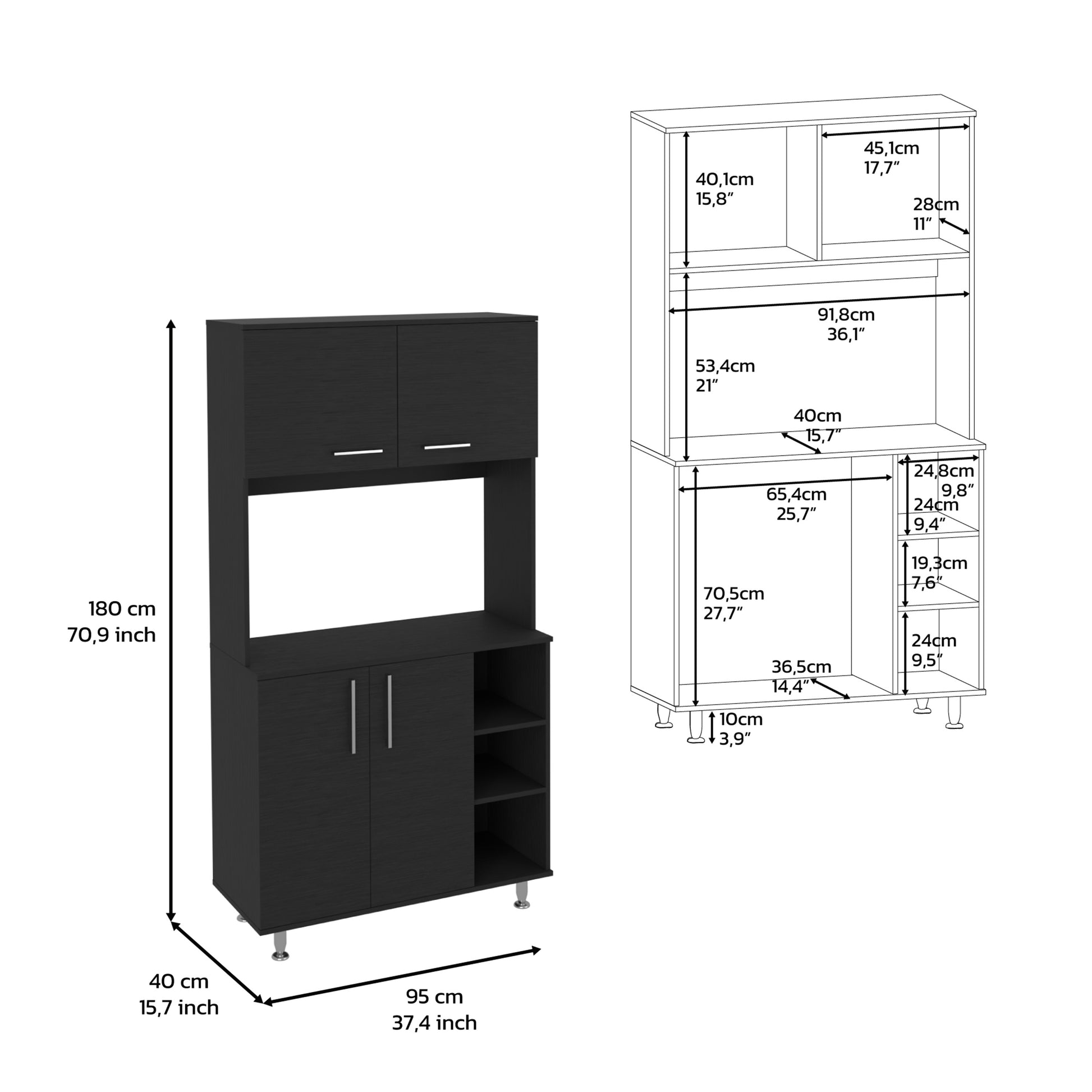 Kitchen Pantry Double Door Cabinet, Four Legs, Three Shelves, Black Black Solid Wood Mdf Engineered Wood