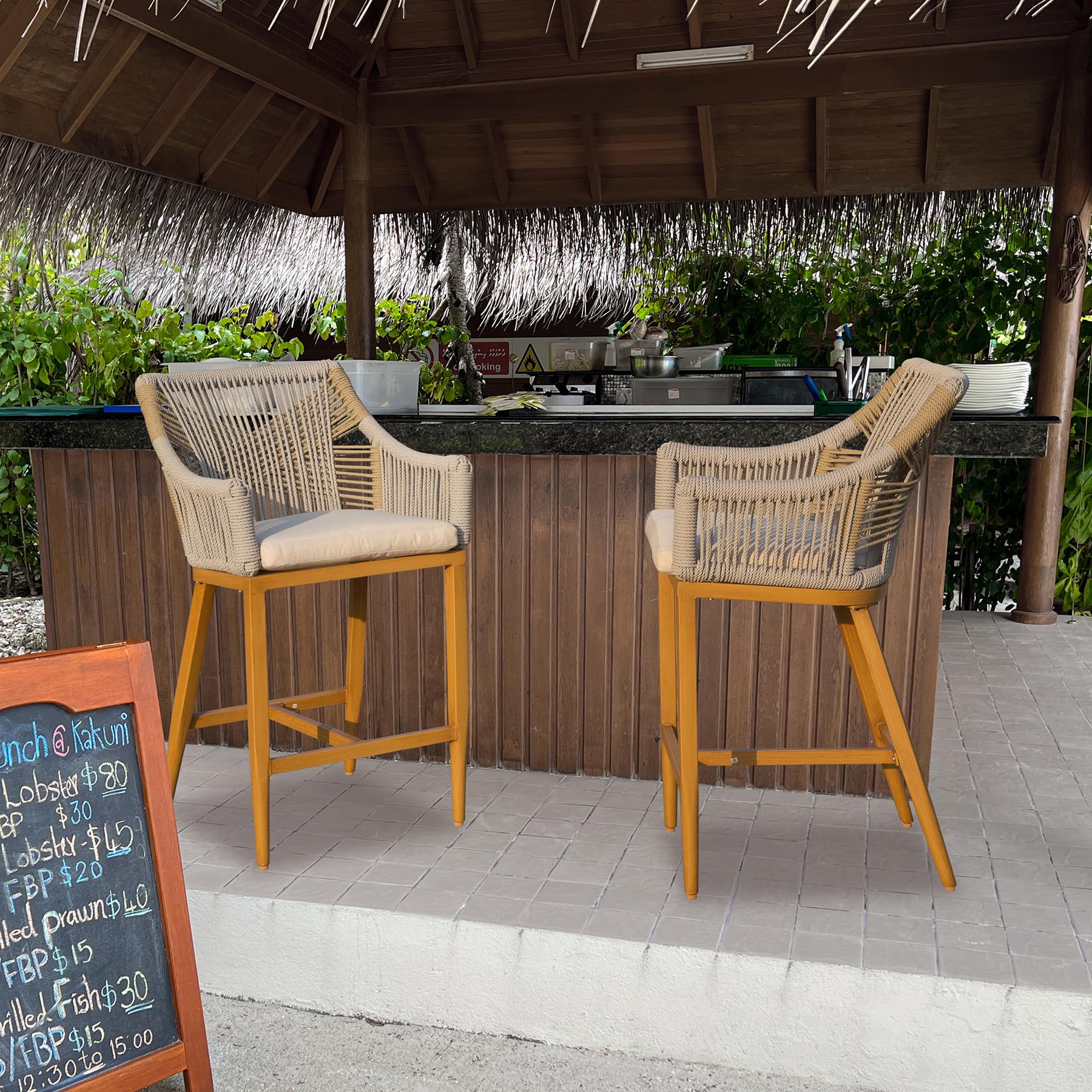 Bar Stools Set Of 2, Outdoor Counter Height Bar Chairs With Arm And Backrest, Aluminum Tall Bar Stools With Cushion Modern Textilene Rope Boho Barstools For Garden, Pool, Patio, Kitchen Square Backres Yes Khaki Garden & Outdoor 2 Person Seating Group
