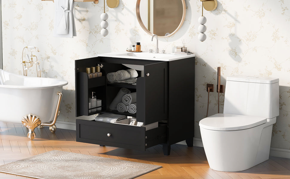 30" Black Bathroom Vanity Set With Ceramic Sink And Large Storage Space Ideal For Small Bathrooms Black Bathroom Solid Wood Mdf