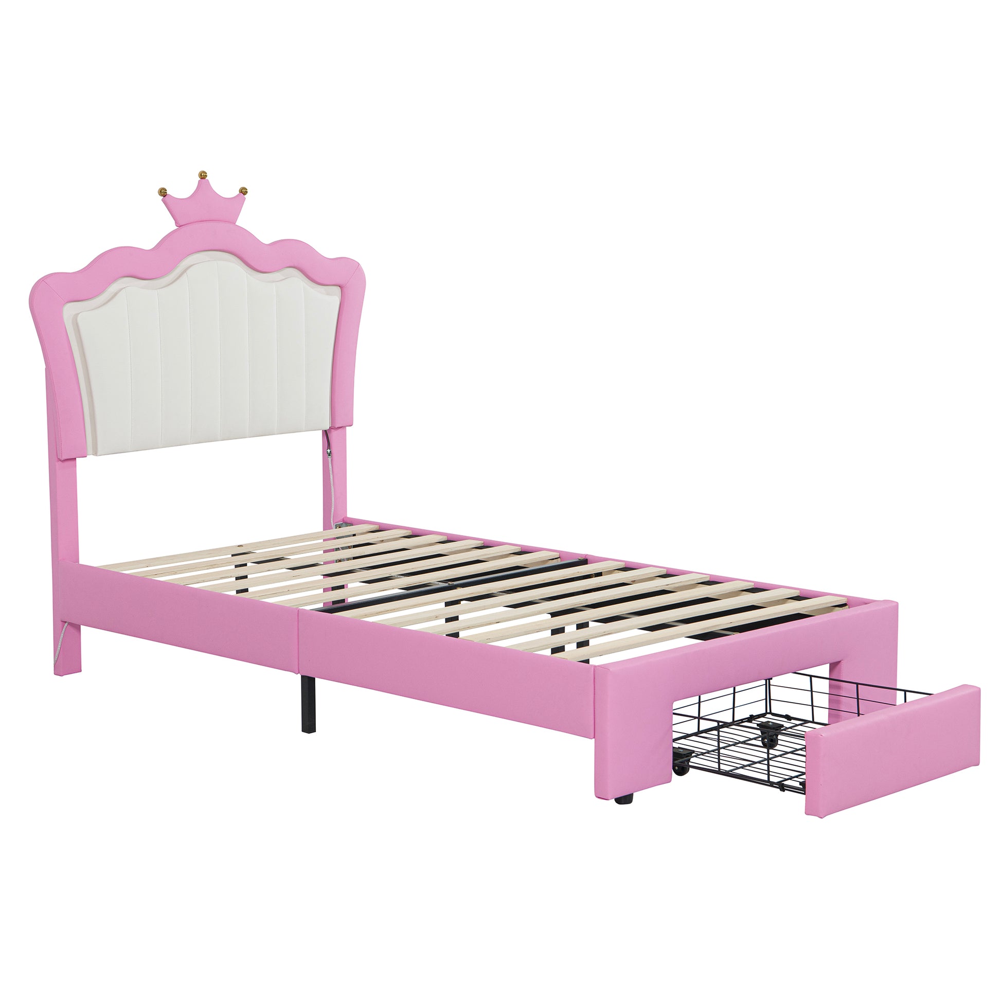 Twin Size Upholstered Bed Frame With Led Lights, Modern Upholstered Princess Bed With Crown Headboard, A Drawer, Pink White Box Spring Not Required Twin Pink White Wood Bedroom Modern Bed Frame Pu