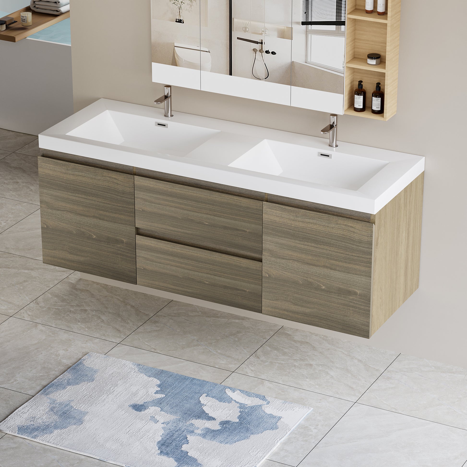 60" Floating Bathroom Vanity with Sink, Modern Wall 2-grey-2-bathroom-wall mounted-plywood