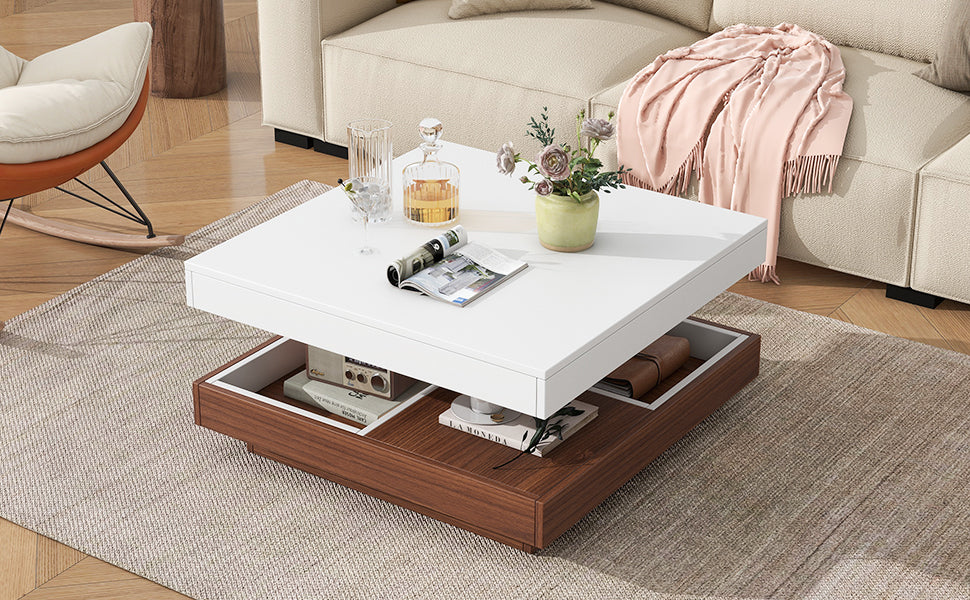 Modern Square 360 Rotating Coffee Table With Three Detachable Tray, 2 Tier Farmhouse Wood Center Table With Storage For Living Room, White, 27.5*27.5In White Walnut Primary Living Space Mdf