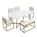 Modern Faux Marble 6 Piece Dining Table Set,60Inch Metal Kitchen Table Set With Upholstered Dining Chairs And Bench, Golden Metal Dining Room Bench Seating Rectangular Dining Table With Chair And Bench Metal Wood Golden Seats 6 60 Inches Farmhouse