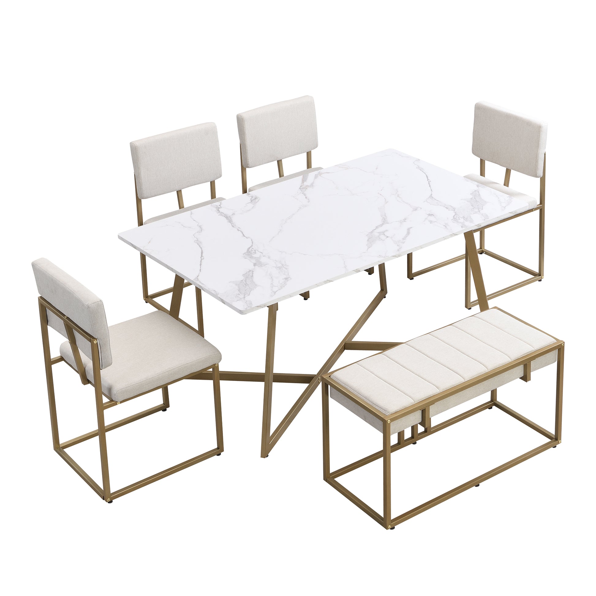 Modern Faux Marble 6 Piece Dining Table Set,60Inch Metal Kitchen Table Set With Upholstered Dining Chairs And Bench, Golden Metal Dining Room Bench Seating Rectangular Dining Table With Chair And Bench Metal Wood Golden Seats 6 60 Inches Farmhouse