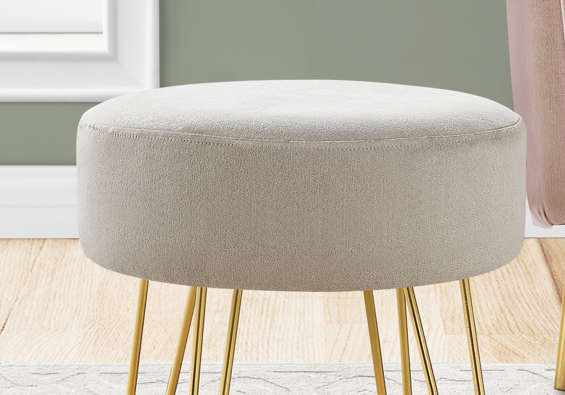 Ottoman, Pouf, Footrest, Foot Stool, 14" Round, Beige Fabric, Gold Metal Legs, Contemporary, Modern Beige Foam Polyester