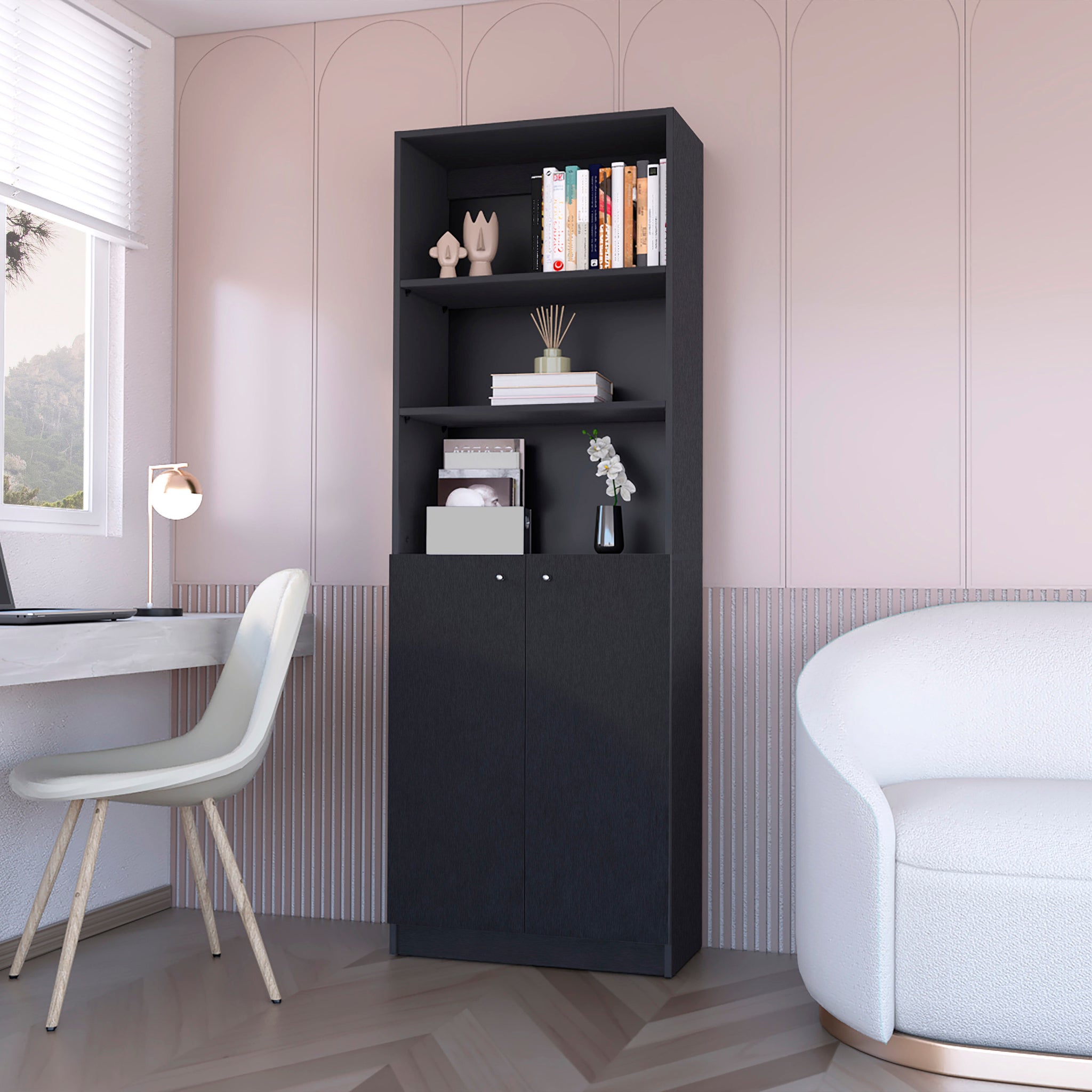 Sutton 2 Door Bookcase, Storage With Multi Level Shelves And Double Door Design Black Particle Board Engineered Wood