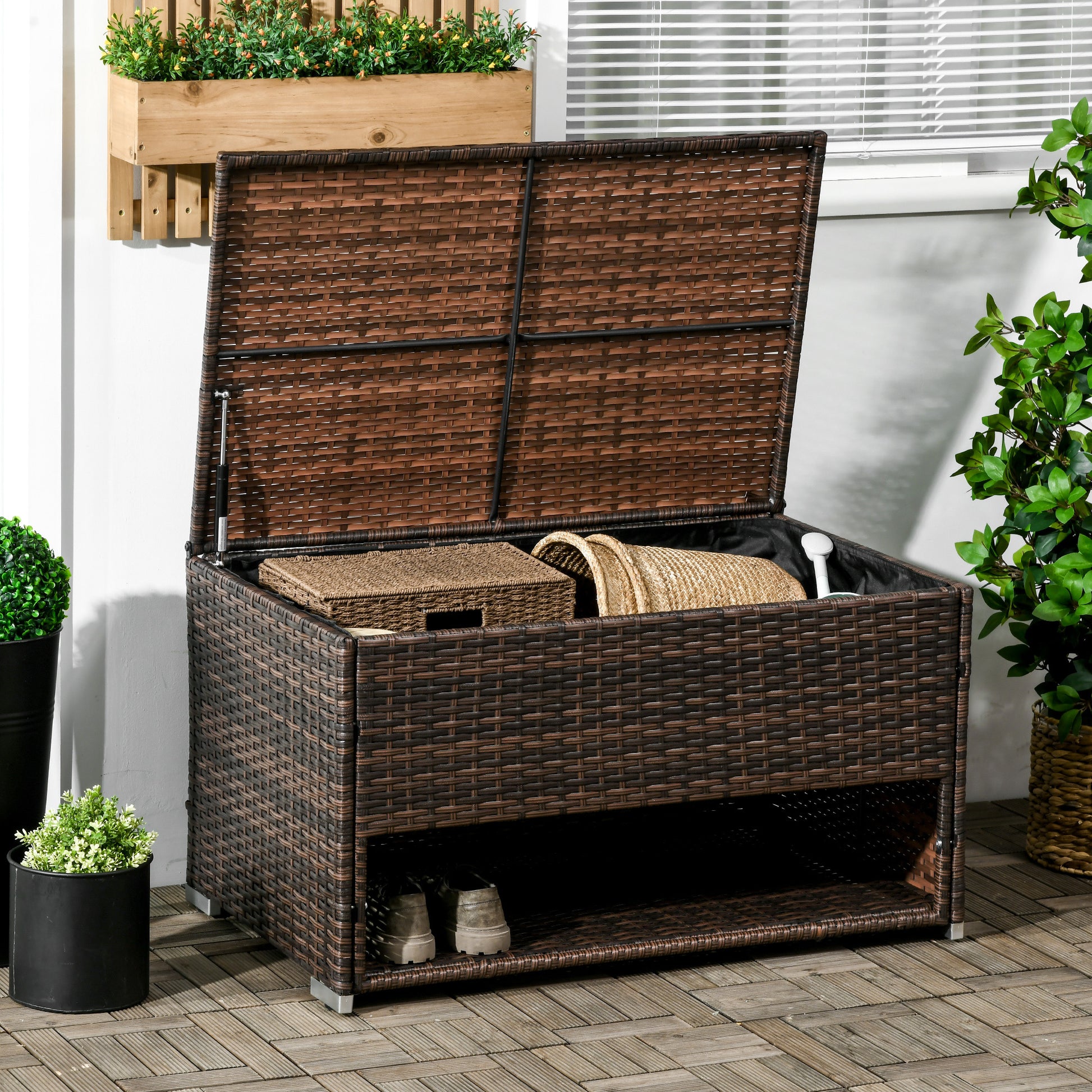 Outsunny Outdoor Deck Box & Shoe Storage, Pe Rattan Wicker Towel Rack With Liner For Indoor, Outdoor, Patio Furniture Cushions, Pool, Toys, Garden Tools, Brown Brown Steel