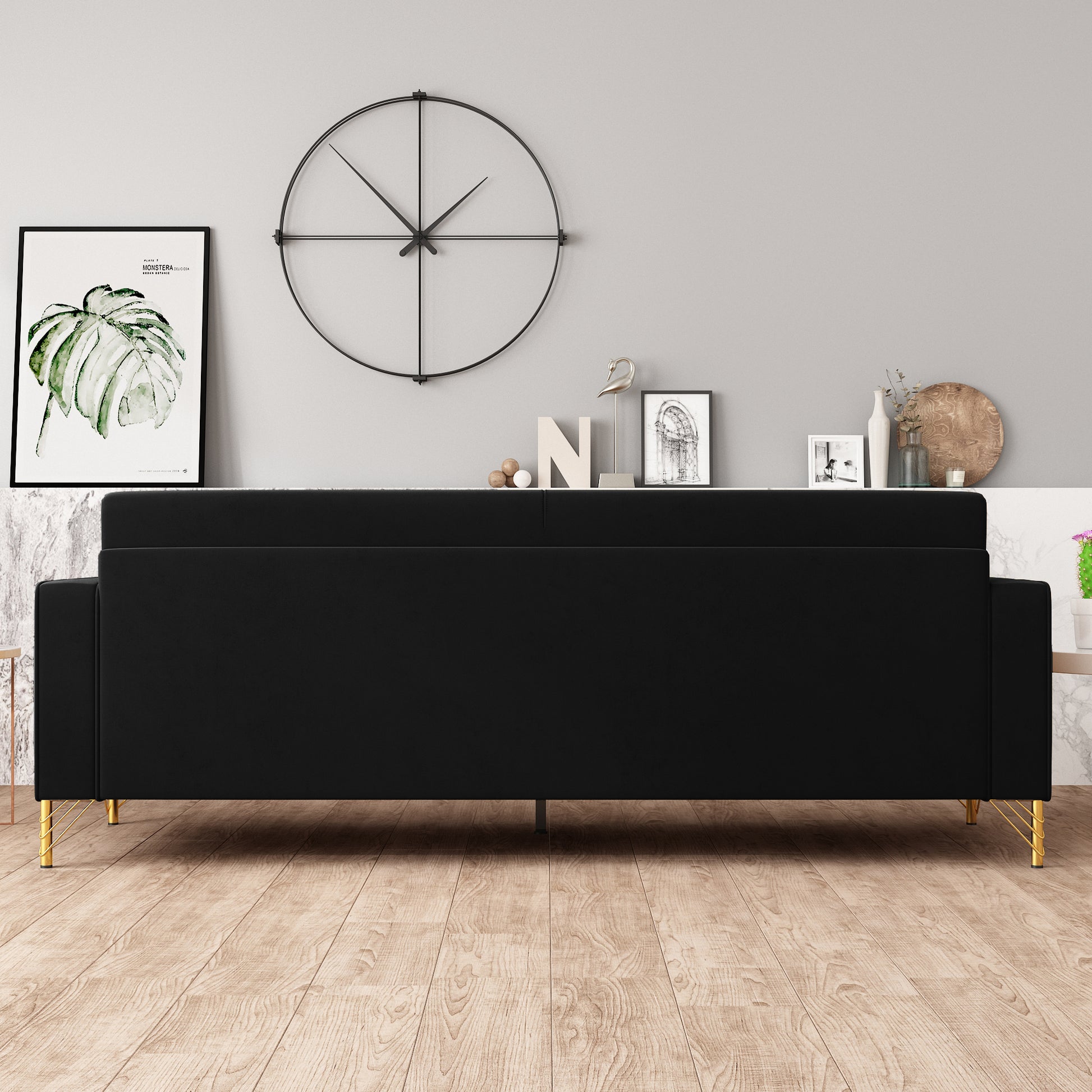 Fx P18 Bk Sofa Luxury Velvet Sofa With Gold Accents Modern 3 Seat Couch With Plush Cushions, Perfect For Living Room And Office Decor Black Velvet 3 Seat