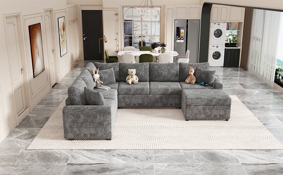 112.2" Sectional Sofa Pull Out Sofa Bed Sleeper With A Storage Ottoman,Three Pillows And Charging Devices For Living Room, Grey Grey Foam Chenille 6 Seat