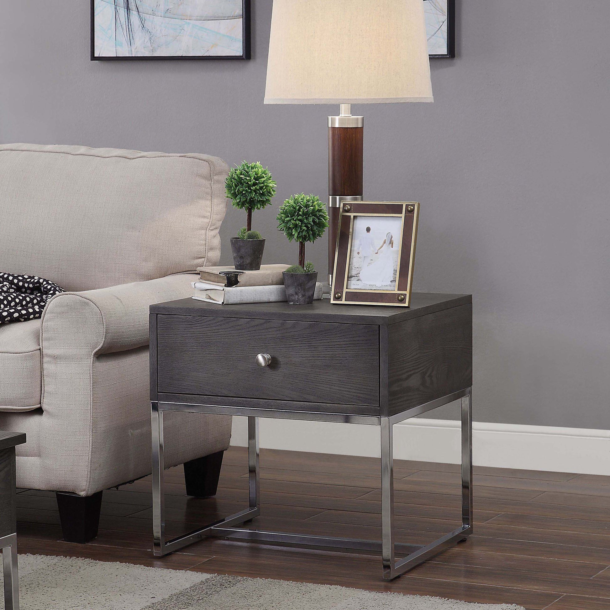 Grey Oak And Chrome Storage End Table - Oak