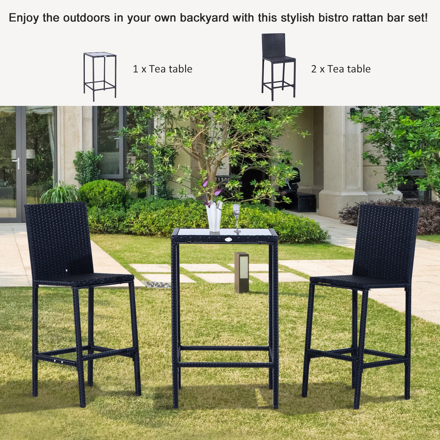 Outsunny 3Pcs Rattan Bar Set With Glass Top Table, 2 Bar Stools For Outdoor, Patio, Garden, Poolside, Backyard Black Aluminum