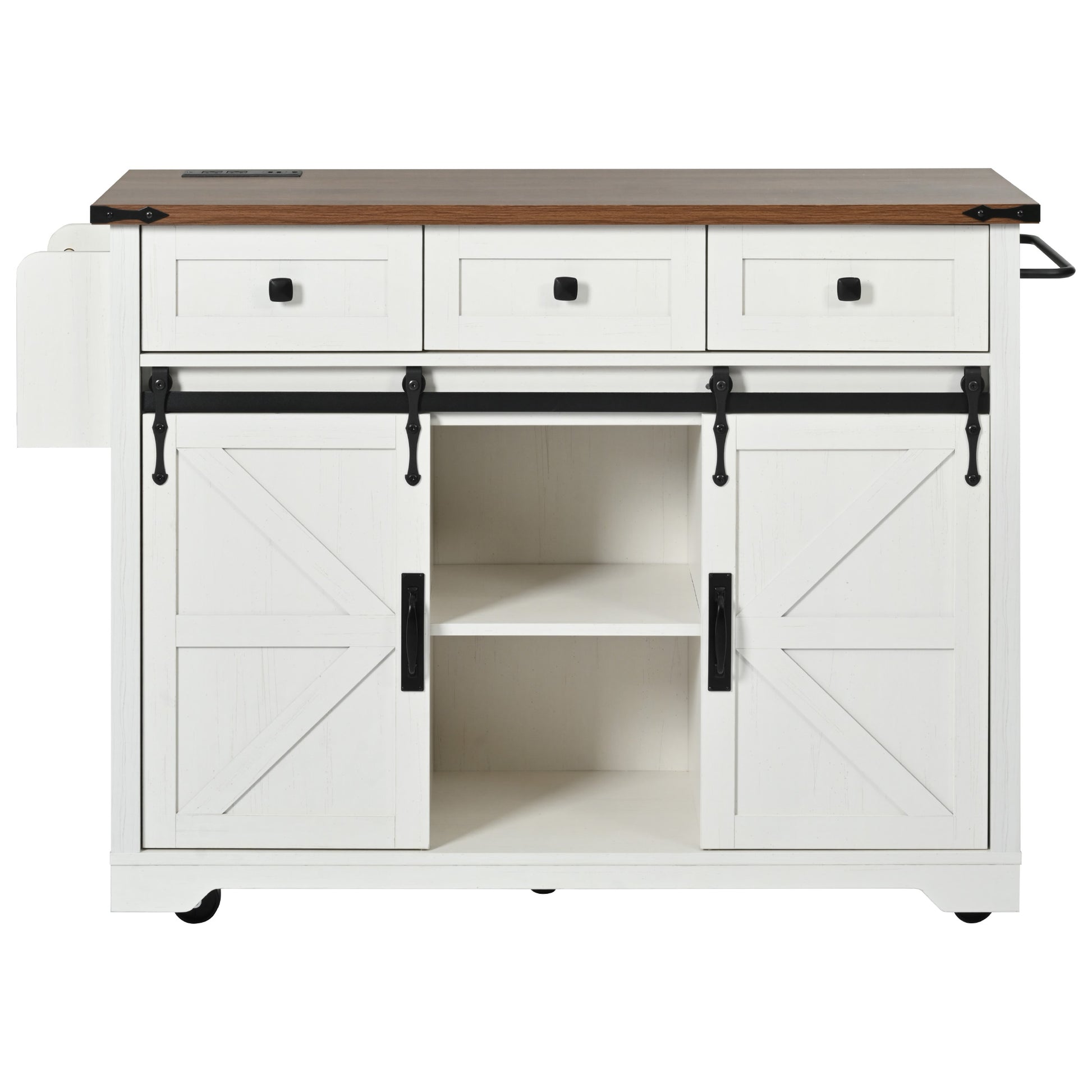 K&K 53.7" Farmhouse Kitchen Island With Power Outlet, 2 Sliding Barn Door Kitchen Storage Island With Drop Leaf, Spice Rack Rolling Kitchen Cart On Wheels, For Home, Kitchen And Dining Room, White